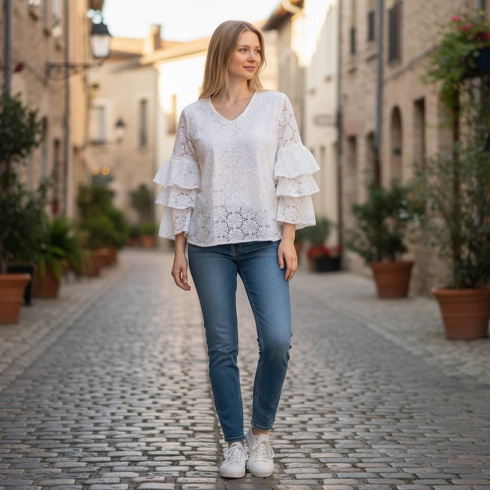 Jade Melody Tam White Cotton Eyelet Tiered Ruffle Sleeve V-Neck Blouse XS